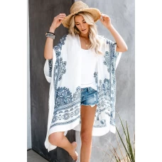 White Mandala Printed Open Front Cover Up Dress